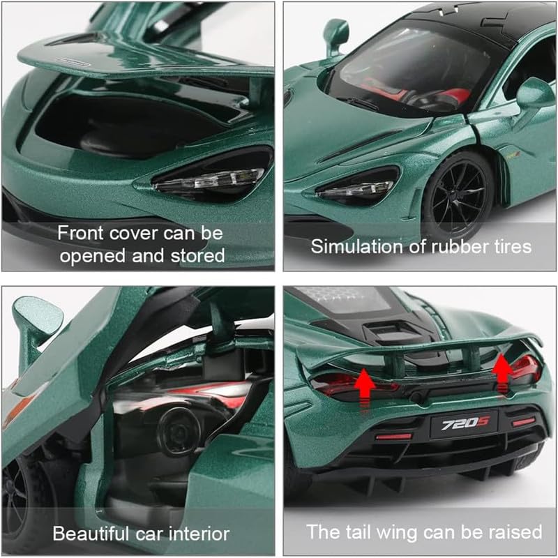 Image of Kids Model 1:32 Mc-Laren 720s Die Cast Metal Car Pull Back Action Opening Doors with Realistic Engine Sound Lights Toy Car Gift for Boys - Green