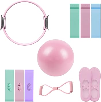 Pilates Ring Set, 14" Magic Circle, Long & Loop Resistance Bands, Soft Pilates Ball, Grip Socks,Puller, Home Workout Equipment for Women & Beginners to Tone, Flexibility & Core Strength Pink