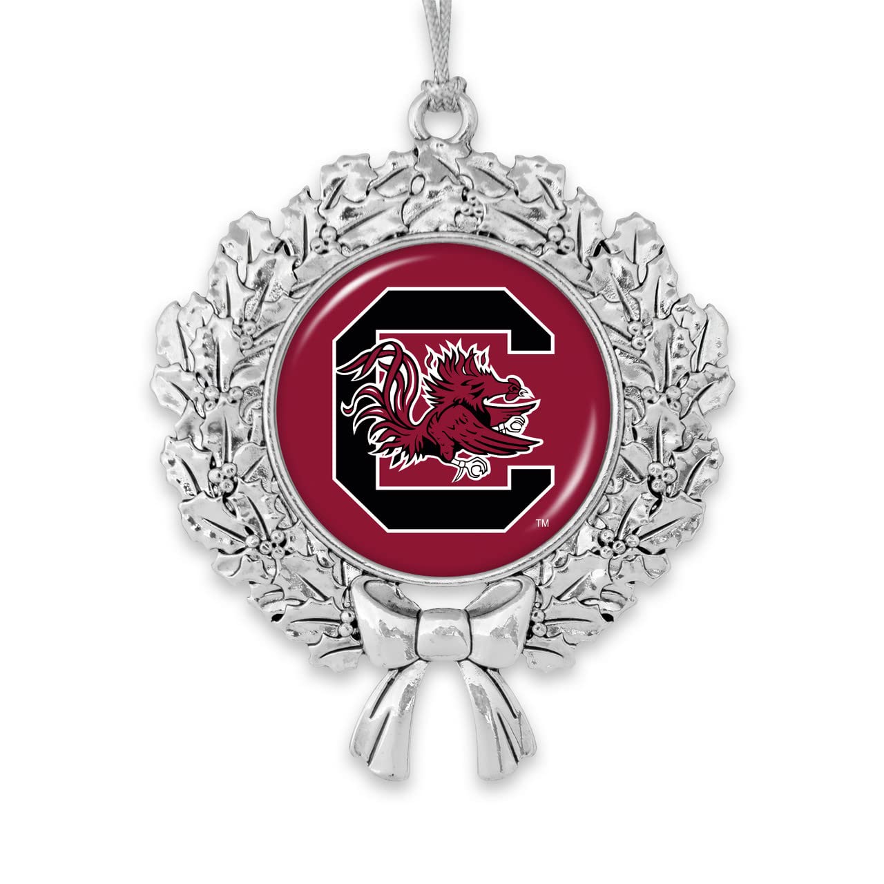 South Carolina Gamecocks Wreath with Team Logo Silver Metal Christmas Ornament Gift Tree Decoration USC