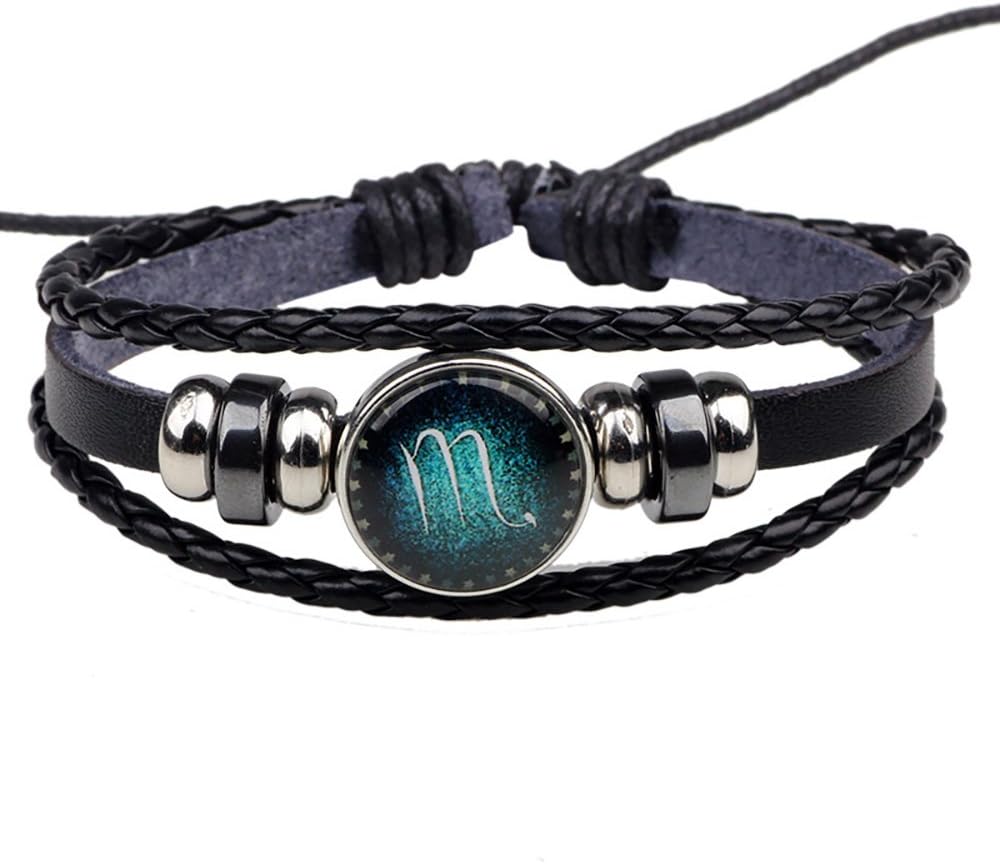 12-Sign Constellations Black Woven Leather Bracelet Blue Constellation Pattern