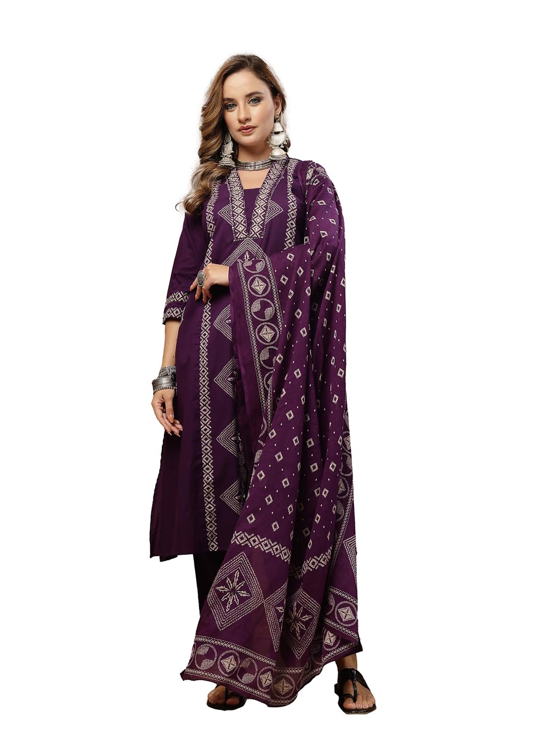 stylum Women's Purple Bandhej Printed Pure Cotton Straight Kurta Pant Dupatta Set-picture-15