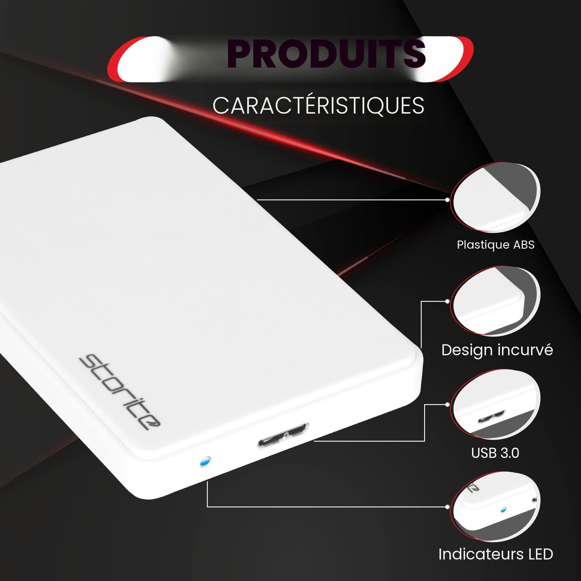 Storite Disque Dur Externe 500Go Ultra-Rapide et Fin USB 3.0 pour la Sauvegarde de données – Disque Dur Portable Compatible avec Mac, Ordinateur Portable, PC, Console de Jeux (Blanc)