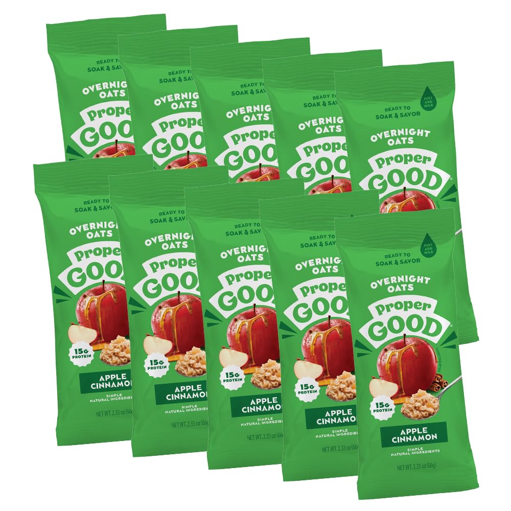 Proper GoodApple Cinnamon Overnight Oats – Nutritious & Delicious Breakfast with 15g Protein – Quick & Easy Meal with Natural Ingredients – Satisfying Start to Your Day – Pack of 10