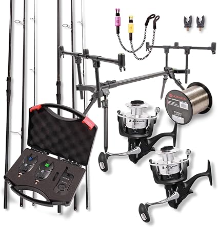 El Ultimate Adventure Carp Set 12ft es un combo de carpfishing que incluye cañas, carretes, nylon, rod pod y set de alarmas.