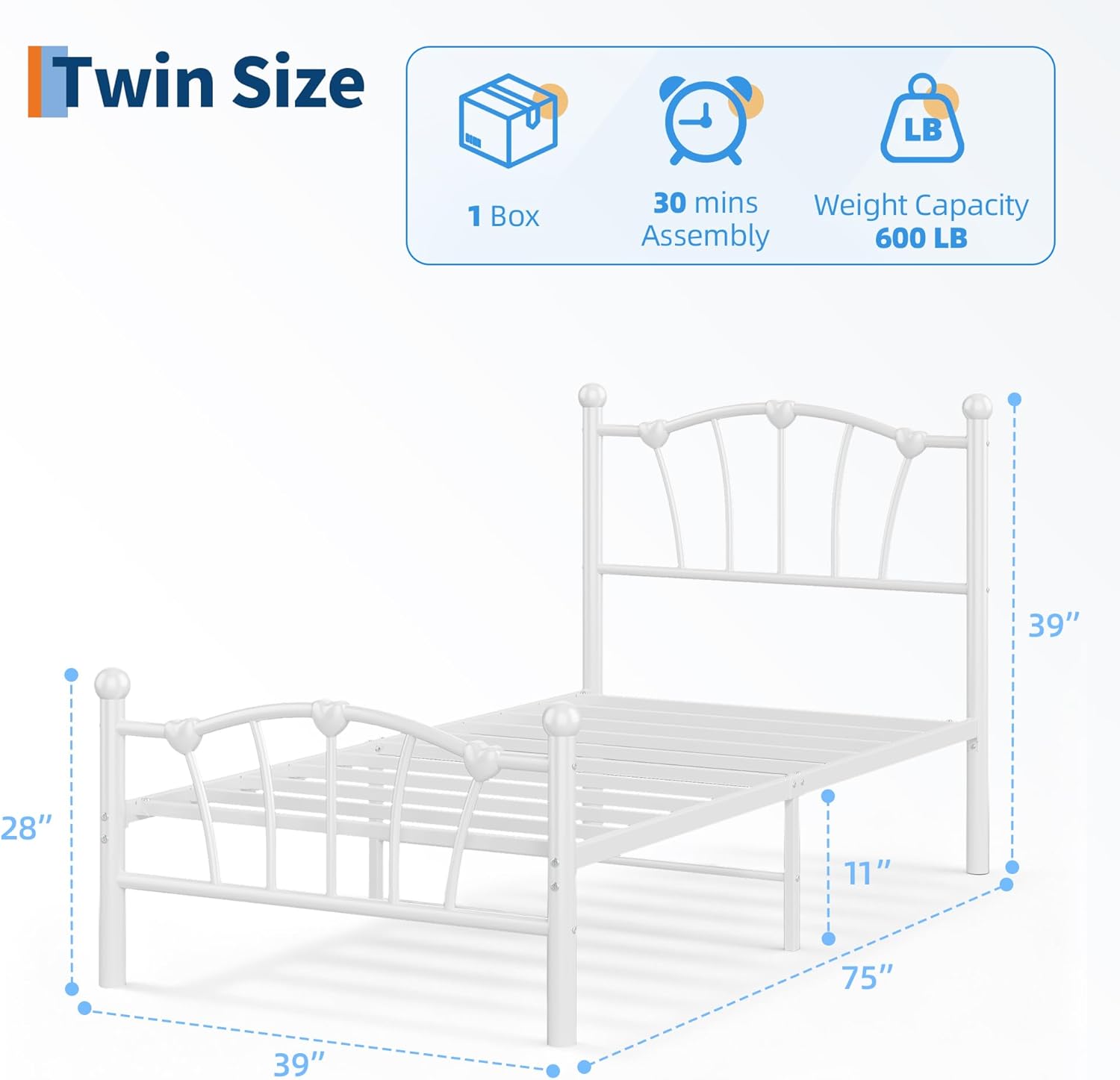 IDEALHOUSE Twin Bed Frame for Kids, Twin Size Bed with Headboard and Footboard, Heart Shaped Platform Bed Frames, Heavy Metal Slat Support, Noiseless, No Box Spring Needed, White