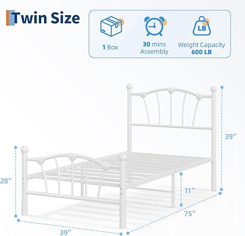 Miniatura 2 de GarveeHome Marco de cama de tamaño individual, marco de cama de metal en forma de corazón con cabecera y estribo, marco de cama de plataforma con
