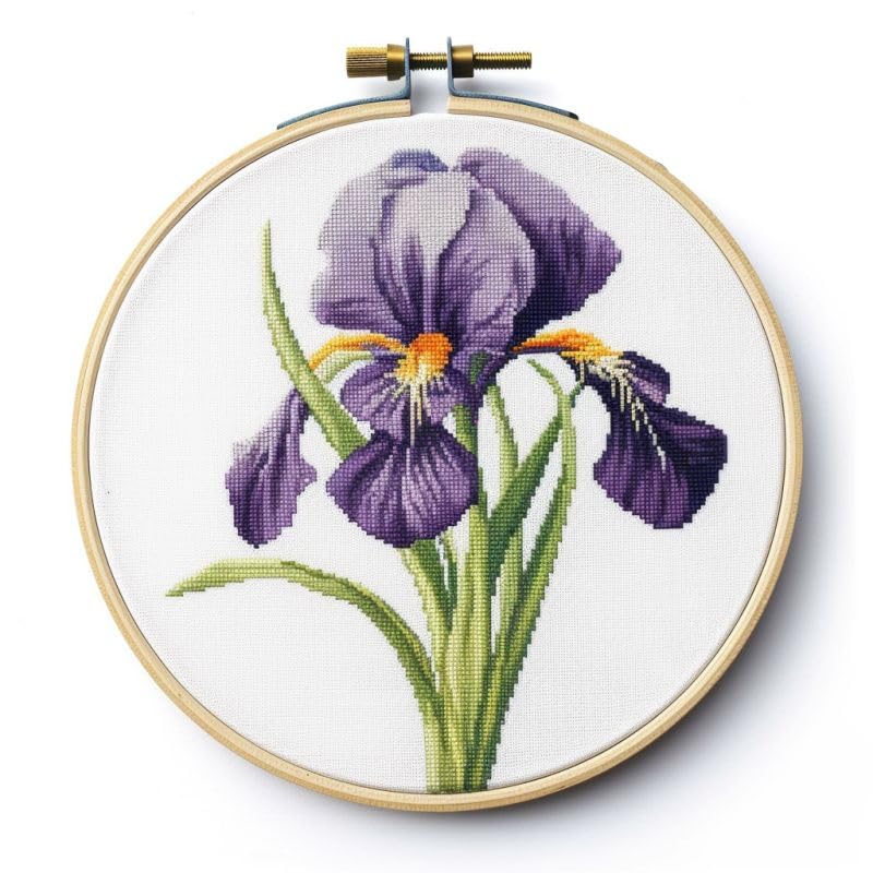 Iris Flower Cross Stitch Kits with Hoop Easy Pattern Stamped Cross-Stitch Supplies Needlework DIY 11CT 3 Strands Cotton Thread Printed DIY Needlepoint Kits 35×35cm (kn215)
