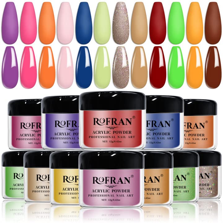 Rofran 12 Colors Acrylic Powder Nail Set, Candy Colorful with Glitter Acrylic Nail System Nail Art Powder Professional Polymer for Nail Extension, No Nail Lamp Needed