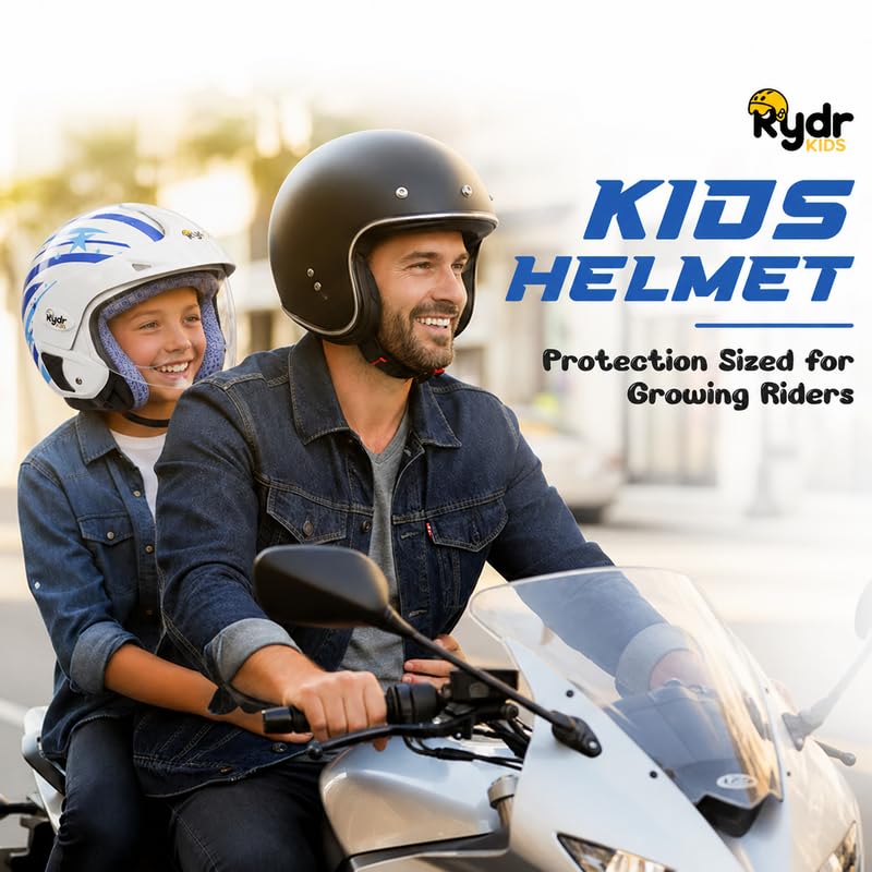 Image of Rydrkids Star S Peak - Leo Blue Kids Motorcycle Helmet with Visor & Peak - Size S 3 to 7 Years, Lightweight & Adjustable Safety Helmet for Boys
