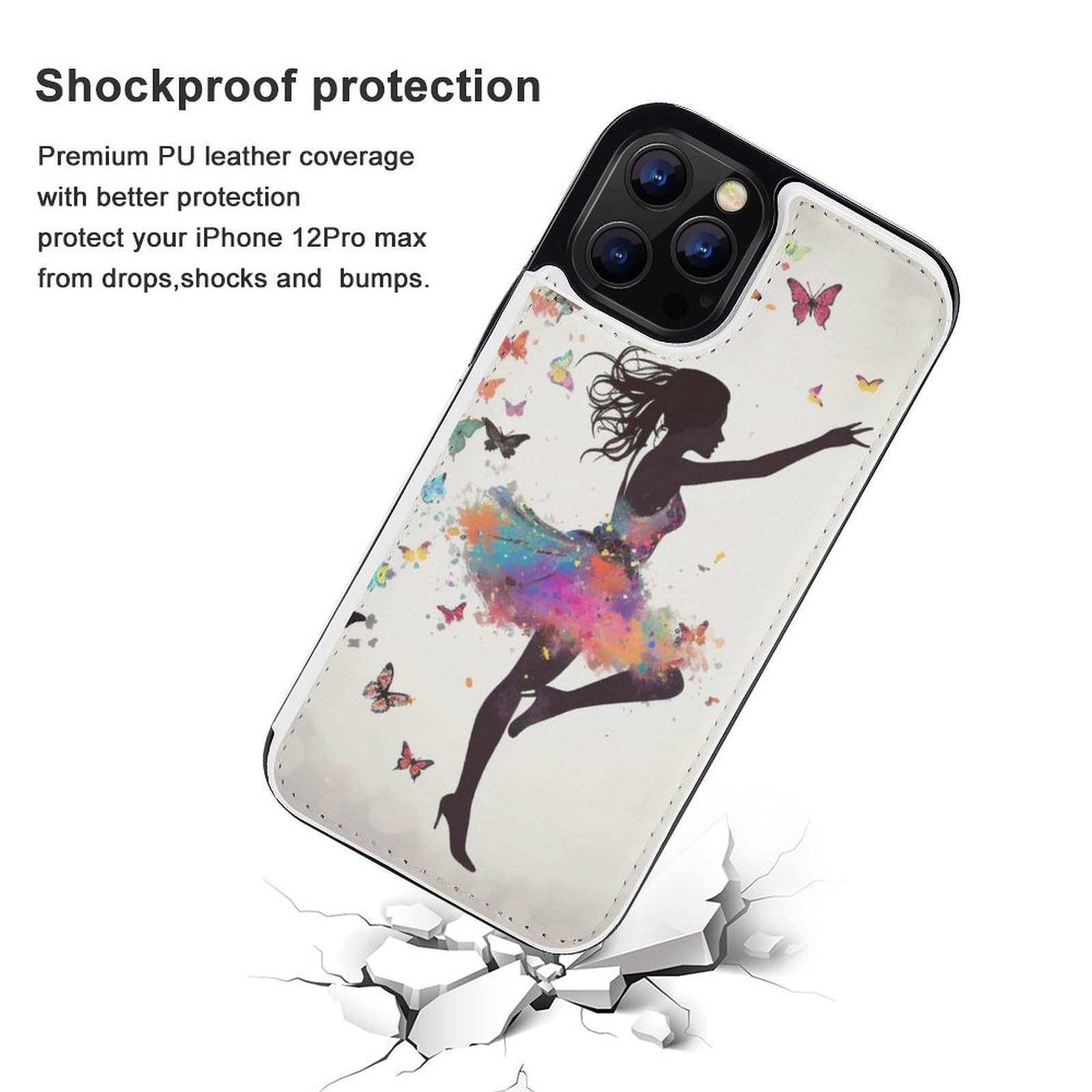 Funda tipo cartera para iPhone 12 Pro Max, diseño de mariposas y bailarinas, funda de piel con ranuras para tarjetas