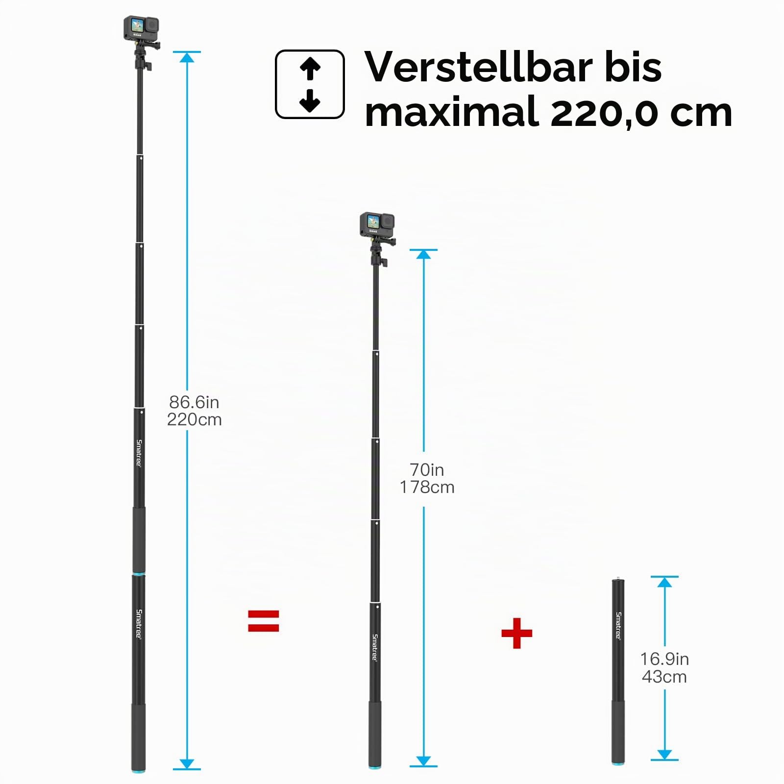 Smatree 220cm SmaPole Extendable Selfie Stick, Teleskopstange kompatibel für GoPro 13/12/11/10/9/8/7/6/5/4/3, kompatibel für Insta360, kompatibel fürDJI Osmo Action 3/2(Extended Version 17"-87")