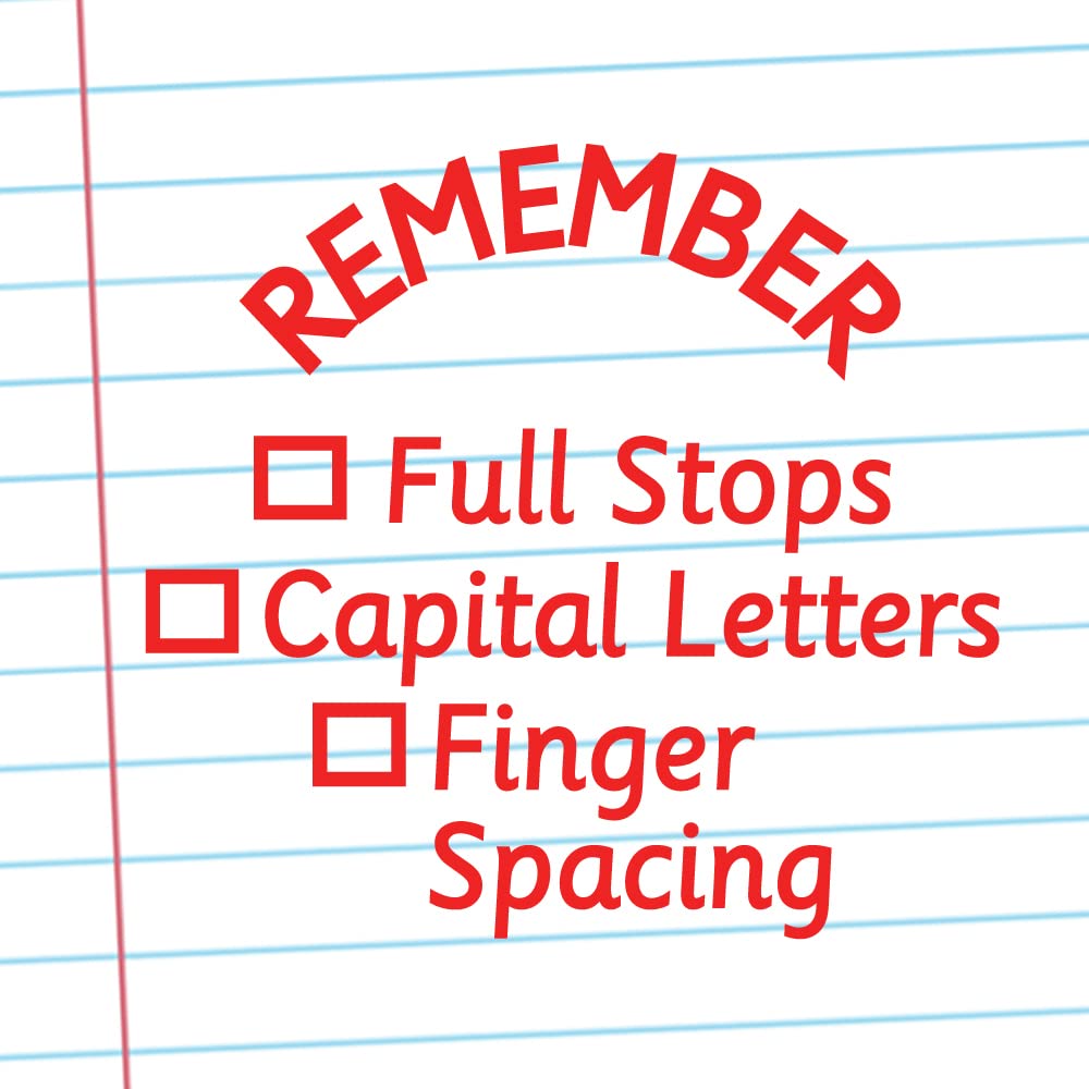 Remember Capital Letters, Full Stops, Finger Spacing Checklist Teacher Stamper - Red Ink - 22mm, Self Inking^