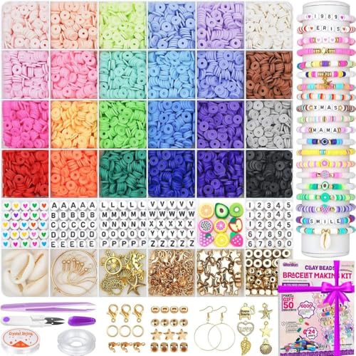 Reviews de Kits para hacer bisutería Top 10. 49 Triko Kit Cuentas Pulseras, 6000 Cuentas 24 Colores, Material Bisutería con Cuentas Planas Arcilla y Dijes, Ideal Hacer Pulseras Niñas 6 a 12 Años.