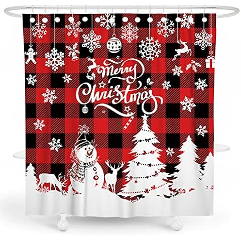Witzest Red Black Buffalo Plaid Shower Curtain Merry Christmas Shower Curtain Xmas Snow Winter Holiday Shower Curtains Cover