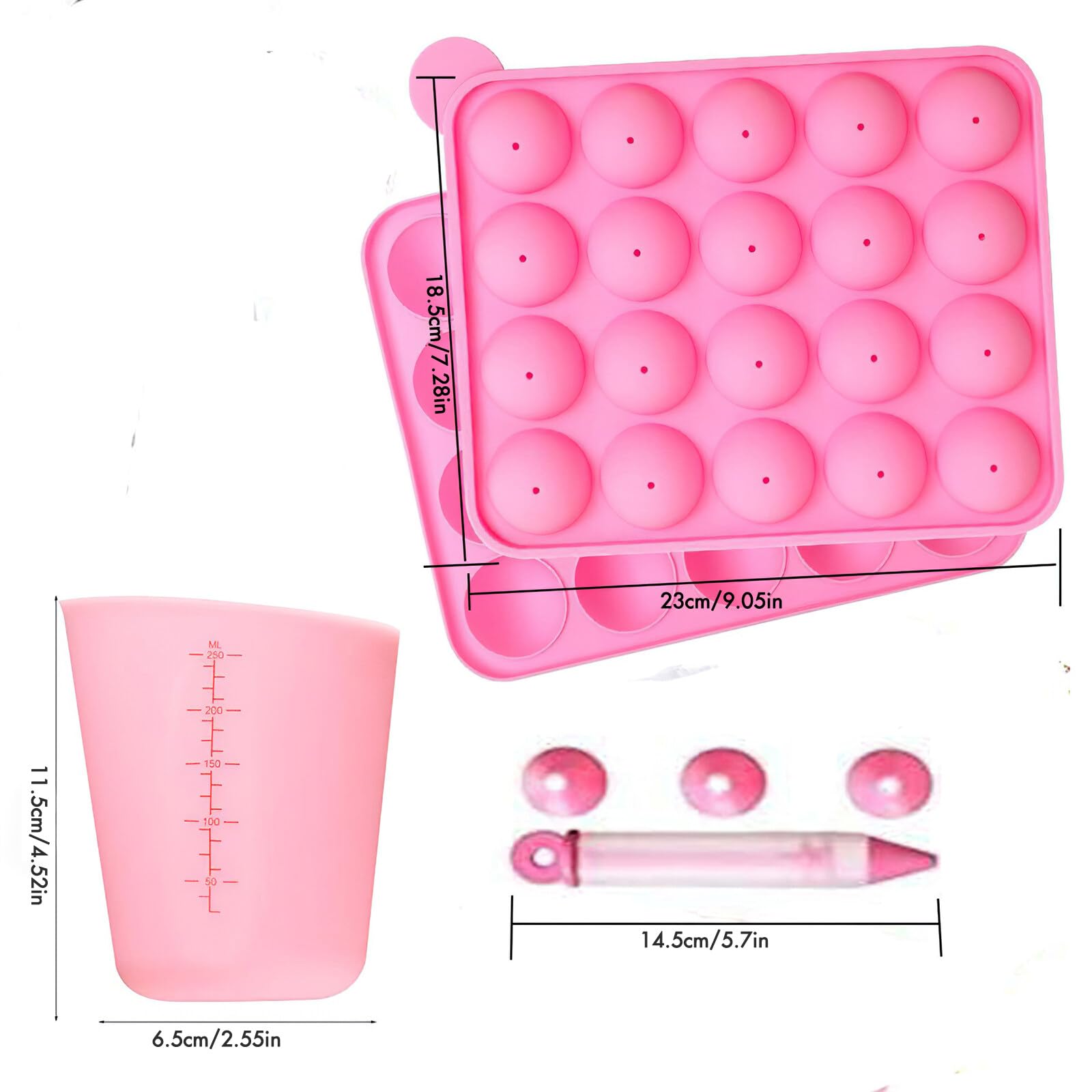 Moule à cake pop, rond, en silicone, à 20 trous, avec 100 batons Pop Cake, 100 paquets de bonbons, présentoir à mesurer, pour cakes, bonbons, gelée et chocolat