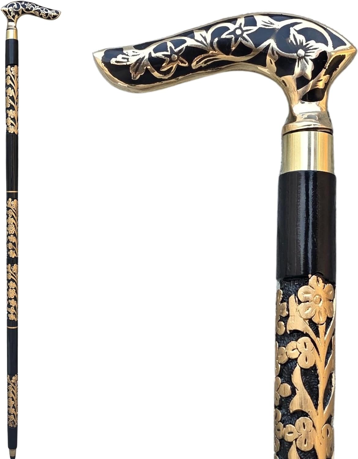 Handgefertigter Gehstock aus Holz, Schwarz Gold, Blumendesign, ergonomischer Komfortgriff, stilvolles Design, langlebiger Gehstock für Männer und Frauen, Stützstock für Senioren & ältere