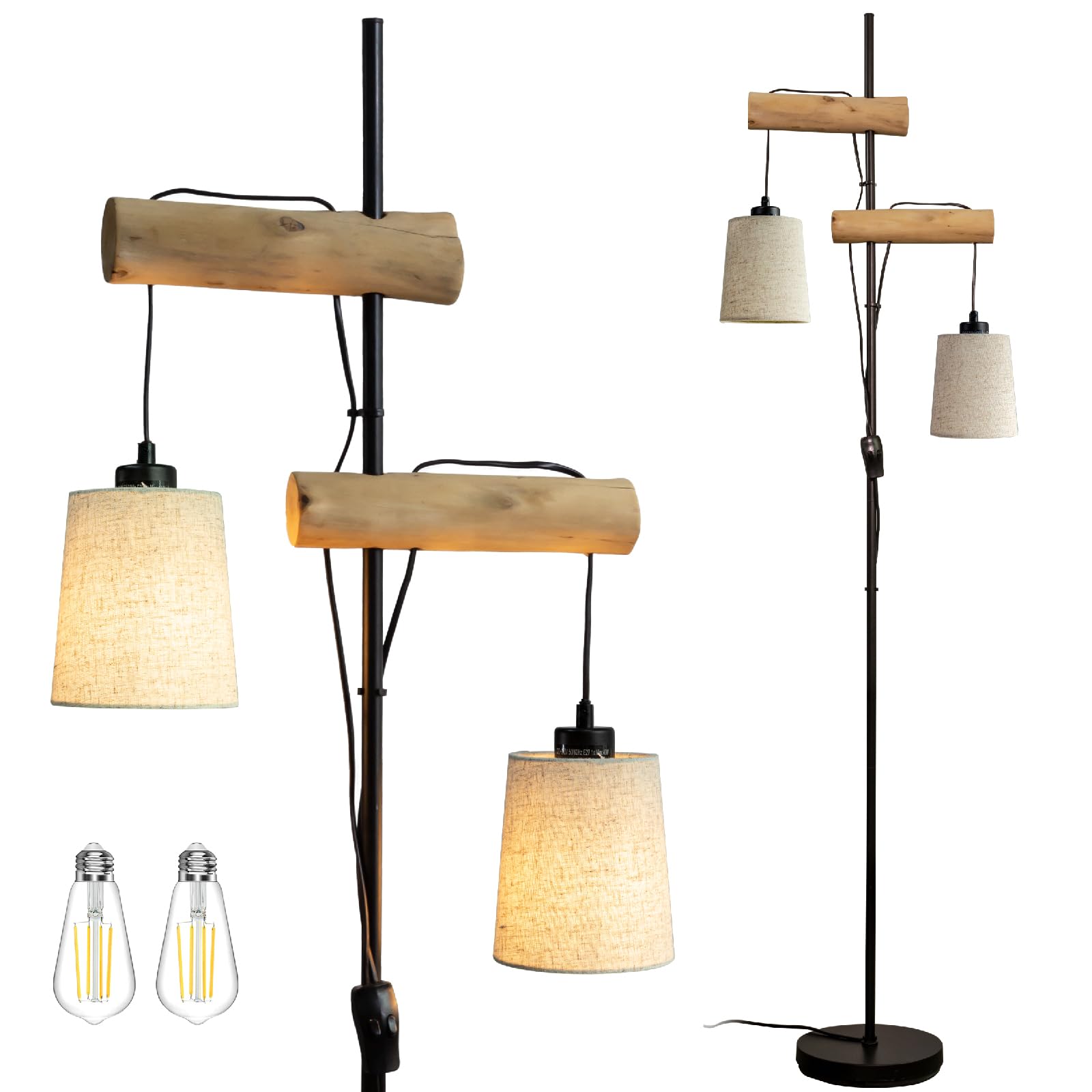 Holz Stehlampe Wohnzimmer, LED Stehleuchte mit 2 E27-Fassung, Vintage Design, Stoff Doppelschirm, Retro Stehlampe, Schwarz mit Naturholz