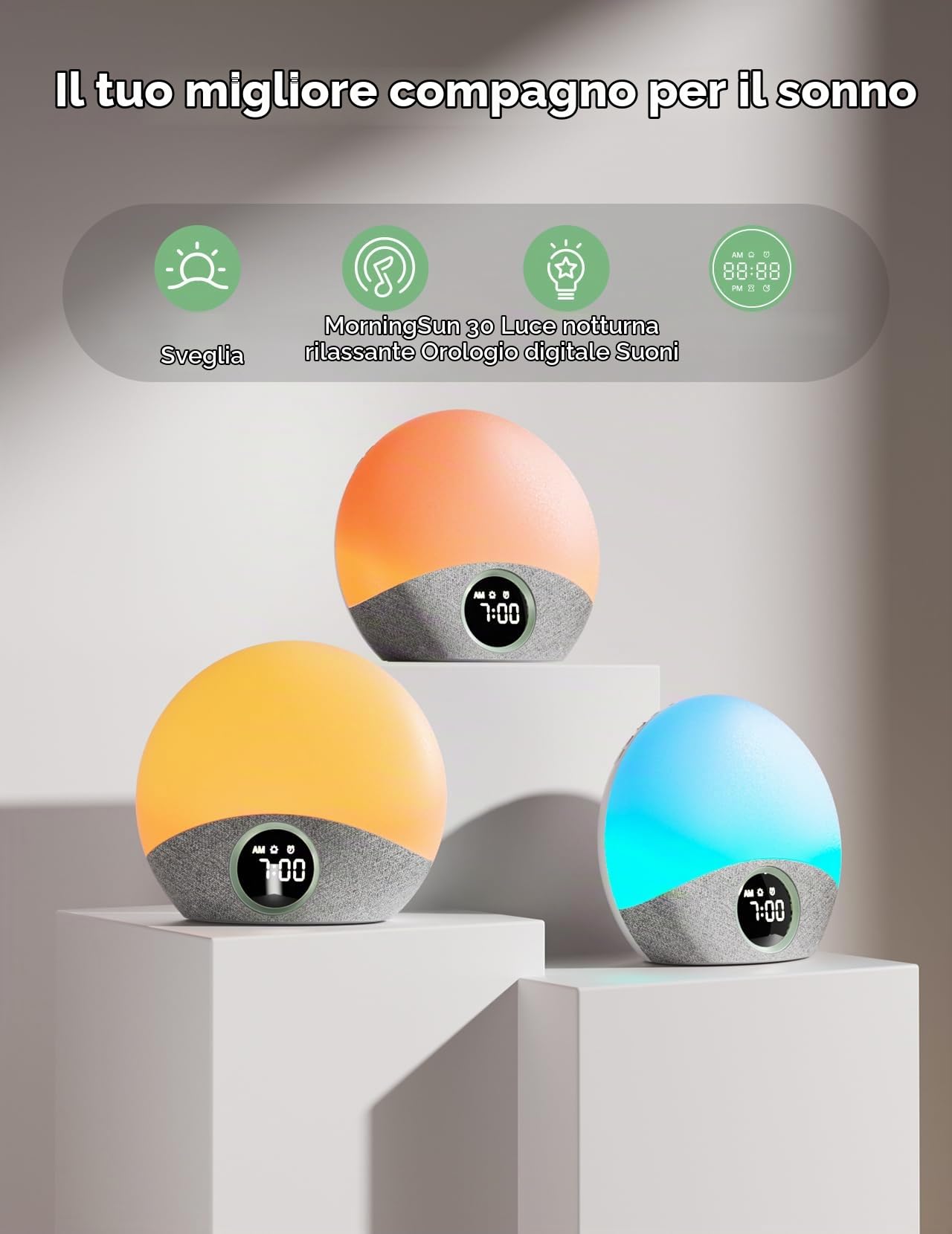 Momcozy Sveglia Luce con Simulazione dell'Alba e del Tramonto, Macchina del Suono con Rumore Bianco per Neonati Adulti, 30 Suoni Rilassanti & 5 Allarme & 7 Colori Luce, Allattamento & Lettura Notturna