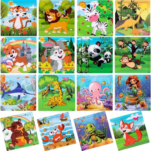 Pack 16 Puzzle Madera de Animales, Rompecabezas Niños 3 a 8 años, Regalo Cumpleaños Infantil, Detalles para Invitados, Envasados Individualmente, Juguetes Educativos de Madera (16 Puzzles Infantiles)