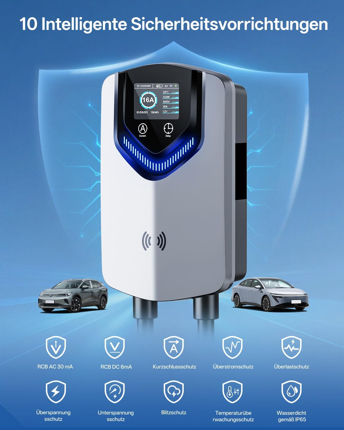 Wallbox 11kW mit APP & RFID – 3-Phasiges Typ 2 EV-Ladegerät 400V, 6–16 A, 8M Kabel mit Kabelhalter – RCD Typ B & IP54,Einstellung Startzeiteffiziente Ladestation für Zuhause für BEV PHEV