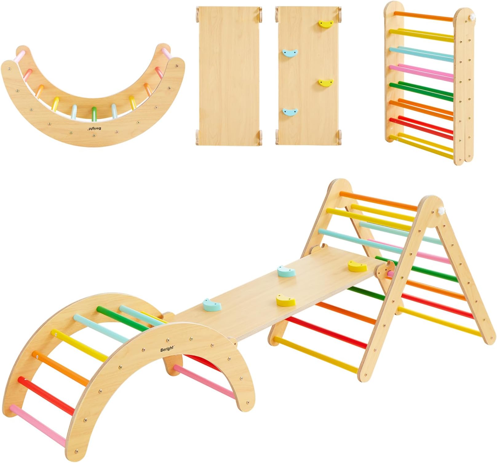 Beright 5 In1 Pikler Triangle Gym, Foldable Climbing Triangle Ladder Toys with Ramp, Indoor Climbing Toys for Kids, Play Gym, Arch Climber, Rocker, Learning Waldorf Children Toy Structure, Rainbow