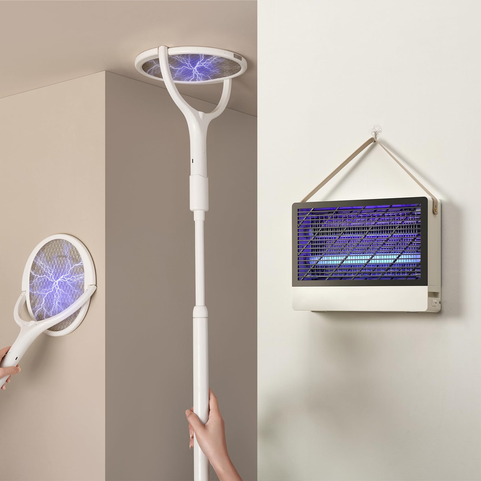 1 Racchetta Zanzare Elettrica Con Un'Estensione Telescopica + 1 Lampada Zanzare Interno Con 2 Lampadine di Ricambio
