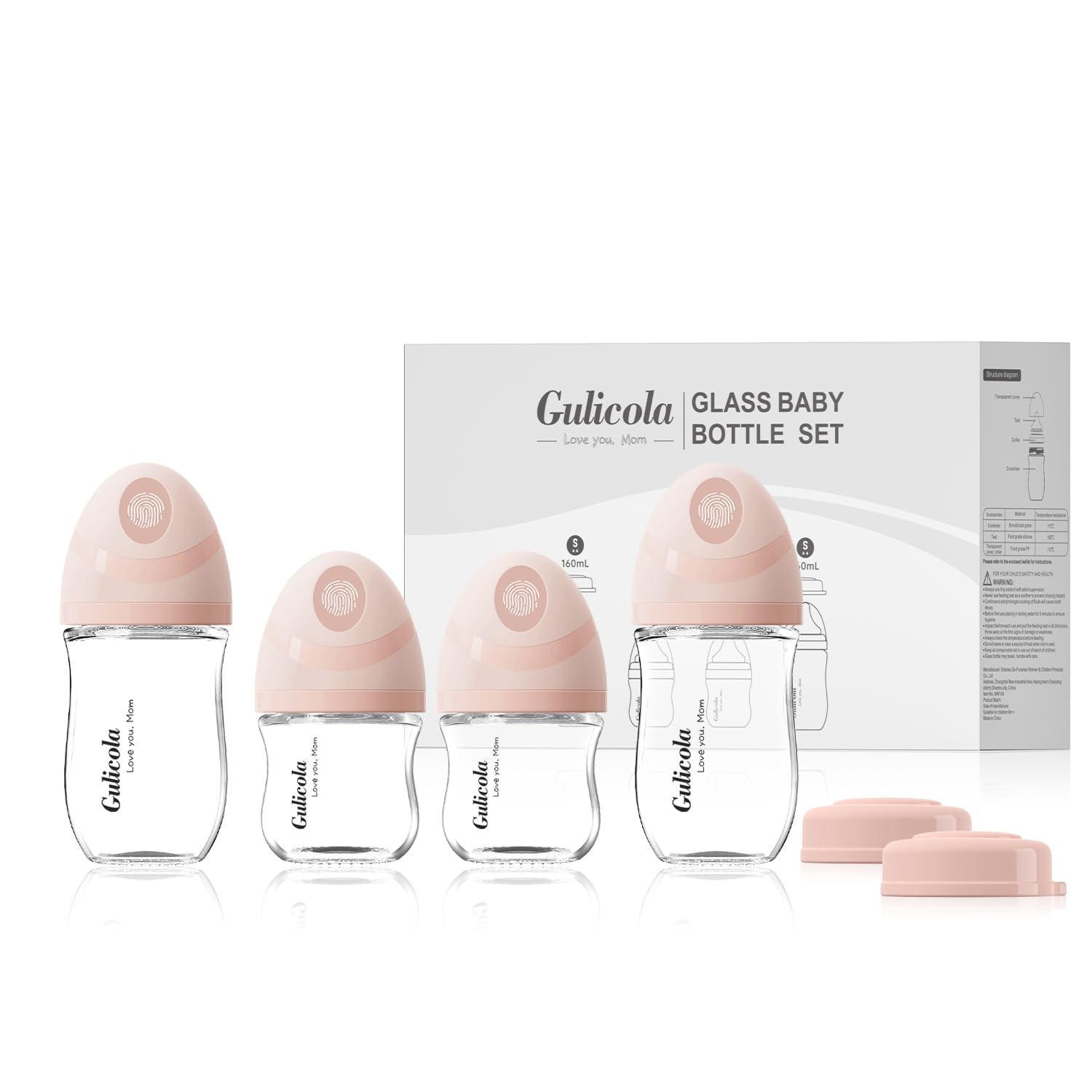 Gulicola Natural Glass Baby Bottles Set 4 Pack, Newborn Girl Breastfeeding Bottles with Slow Flow Nipples, 0 Months+, 3 oz & 5 oz - Pink