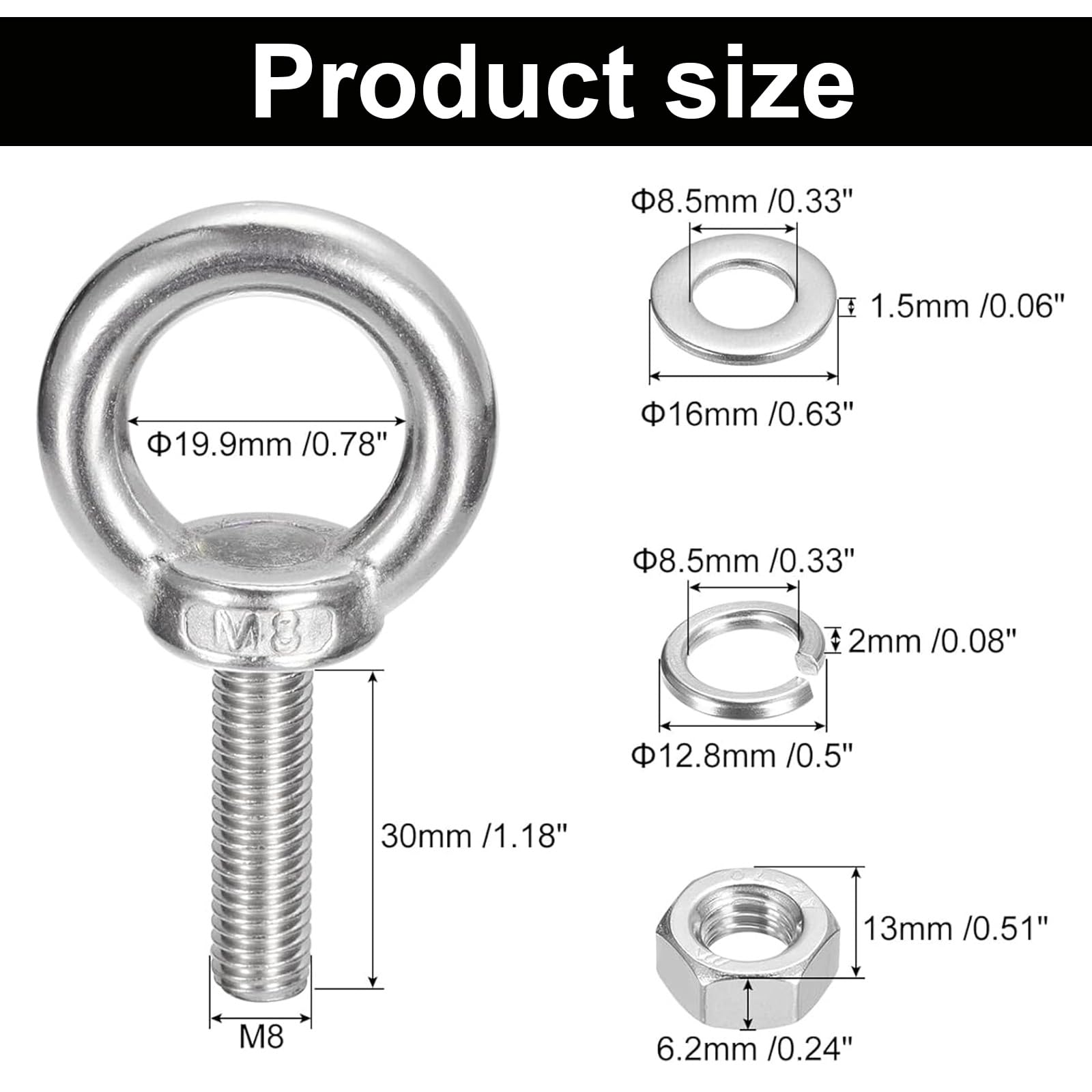 Bulloni Occhiello M8 x 30mm, 4 Pezzi Occhielli a Vite, Acciaio Inox Bullone Occhiellos, M8 Bullone per Sollevamento Filettato Maschio, per Rullo di Fissaggio e Sospensione