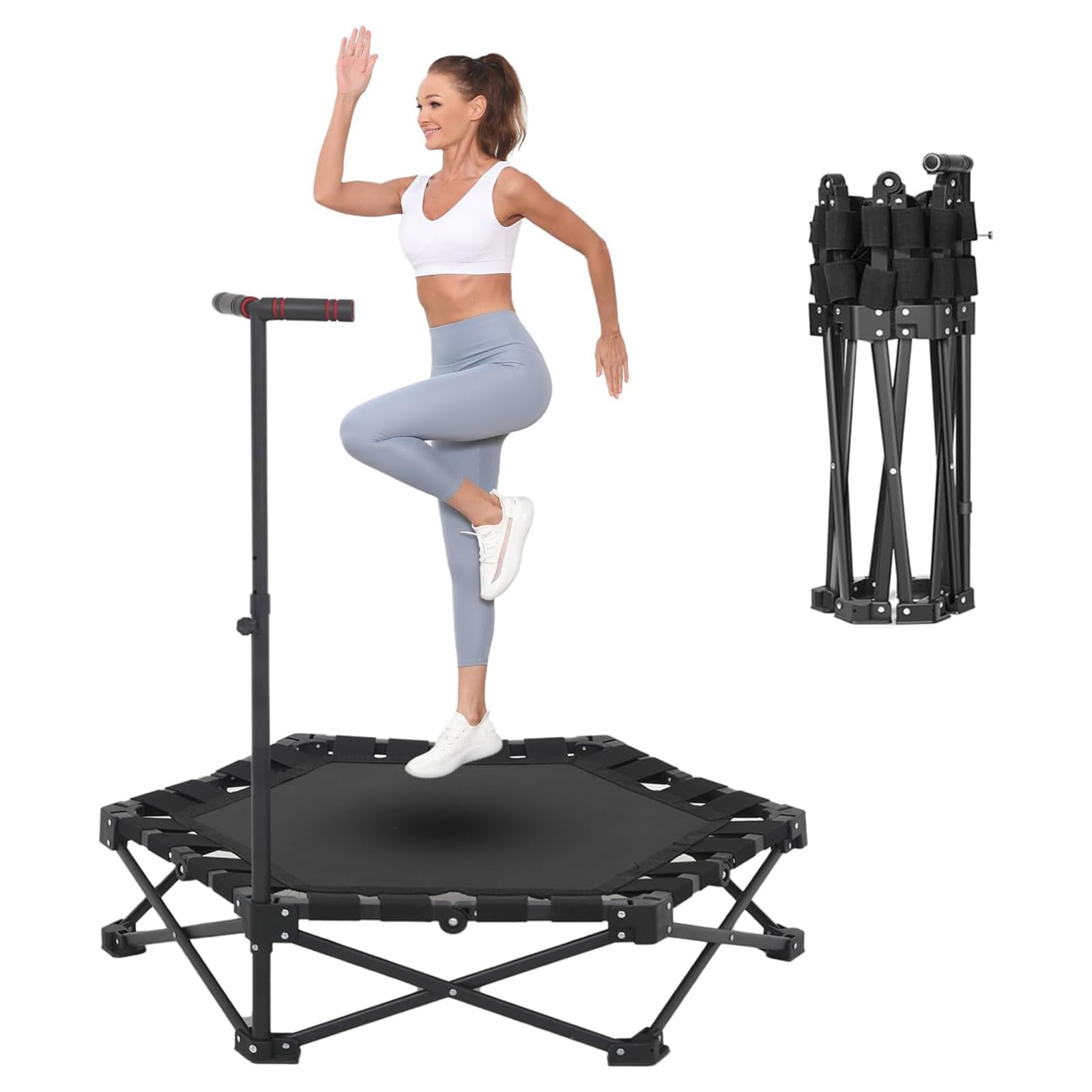 TrampolíN De Rebote Plegable De 42" con Asa Ajustable, TrampolíN De Fitness, Bungee, Salto, Entrenamiento Cardiovascular para Adultos, Carga MáXima De 450 LB, 110 cm, Plegable Y PortáTil