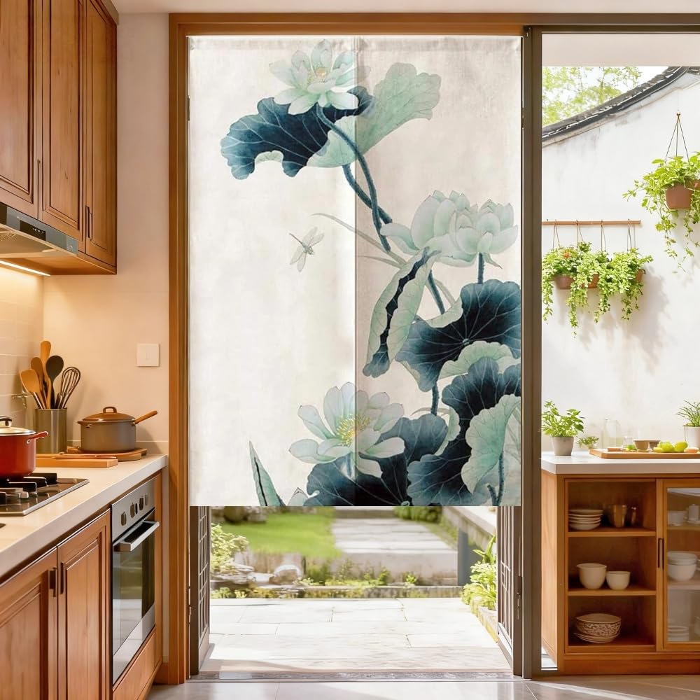 MYRU Japanese Noren Doorway Curtain Tapestry (Green Lotus,33.5 Inches x 59 Inches)