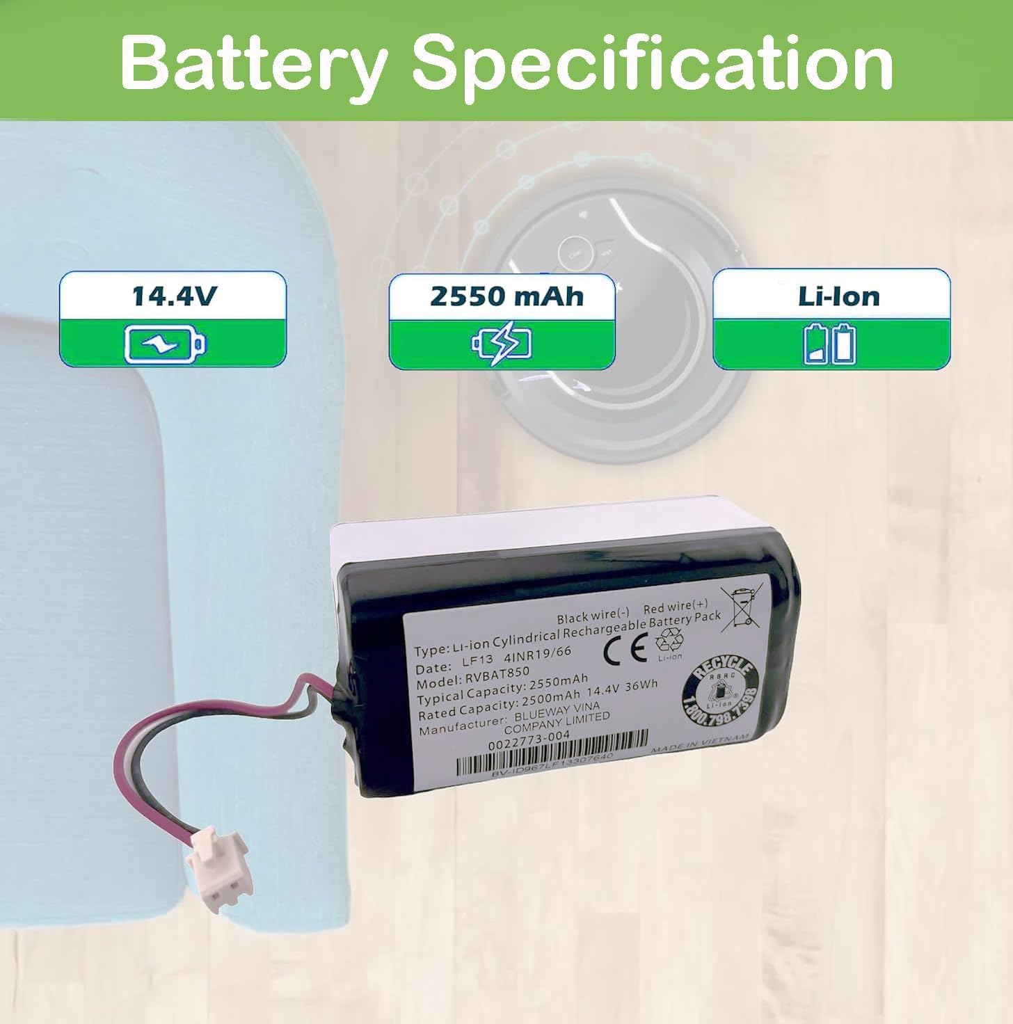SCREENTRONICS Lithium Ion Li-ion Battery RVBAT850 14.4V 2550mAh Compatible Replacement for Shark Robot Vacuum Cleaner (Black)