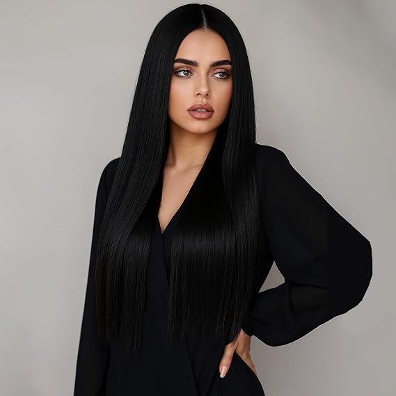 Long Straight Wig Black Heat Resistant Fiber Synthetic Straight Hair and Hair net for Halloween, Party, Cosplay, Anime, Carnival Fancy Dress Accessories