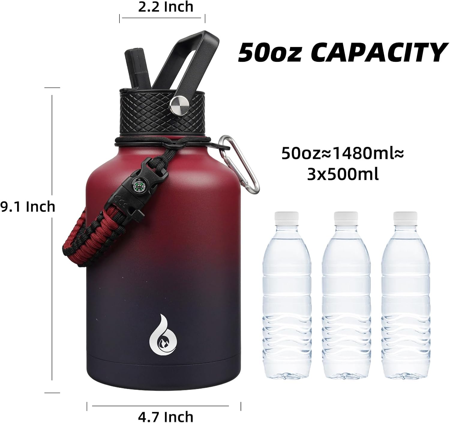 BJPKPK Insulated Water Bottles with Straw Lid, 50oz Large Water Bottle with 3 Lids and Paracord Strap, Stainless Steel Metal Water Bottle, Insulated Water Jug,Charming Red - Image 4