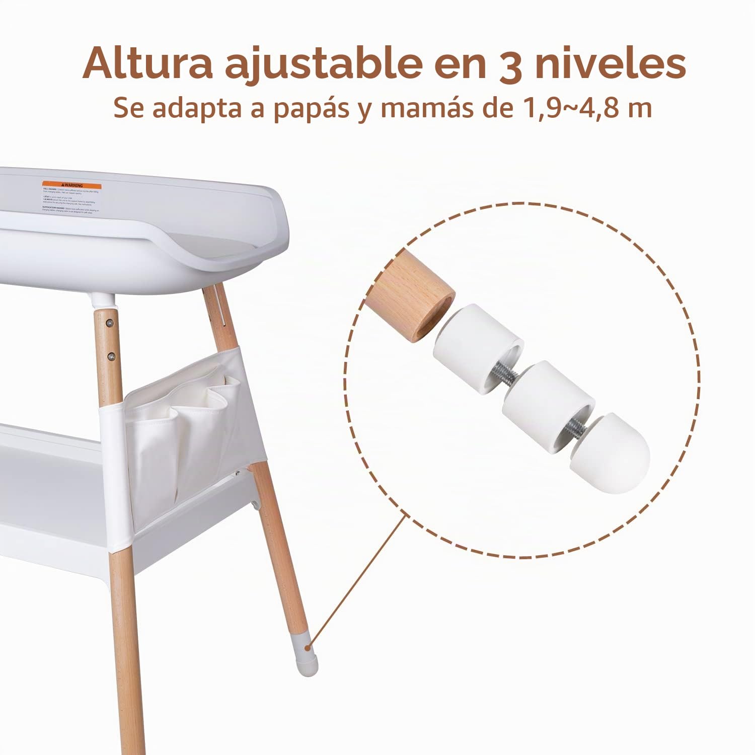 beberoad Cambiador de Pañales,en Madera Natural, Colchoneta del Cambiador en blanco, Altura Regulable, 90x75x65cm, Blanco