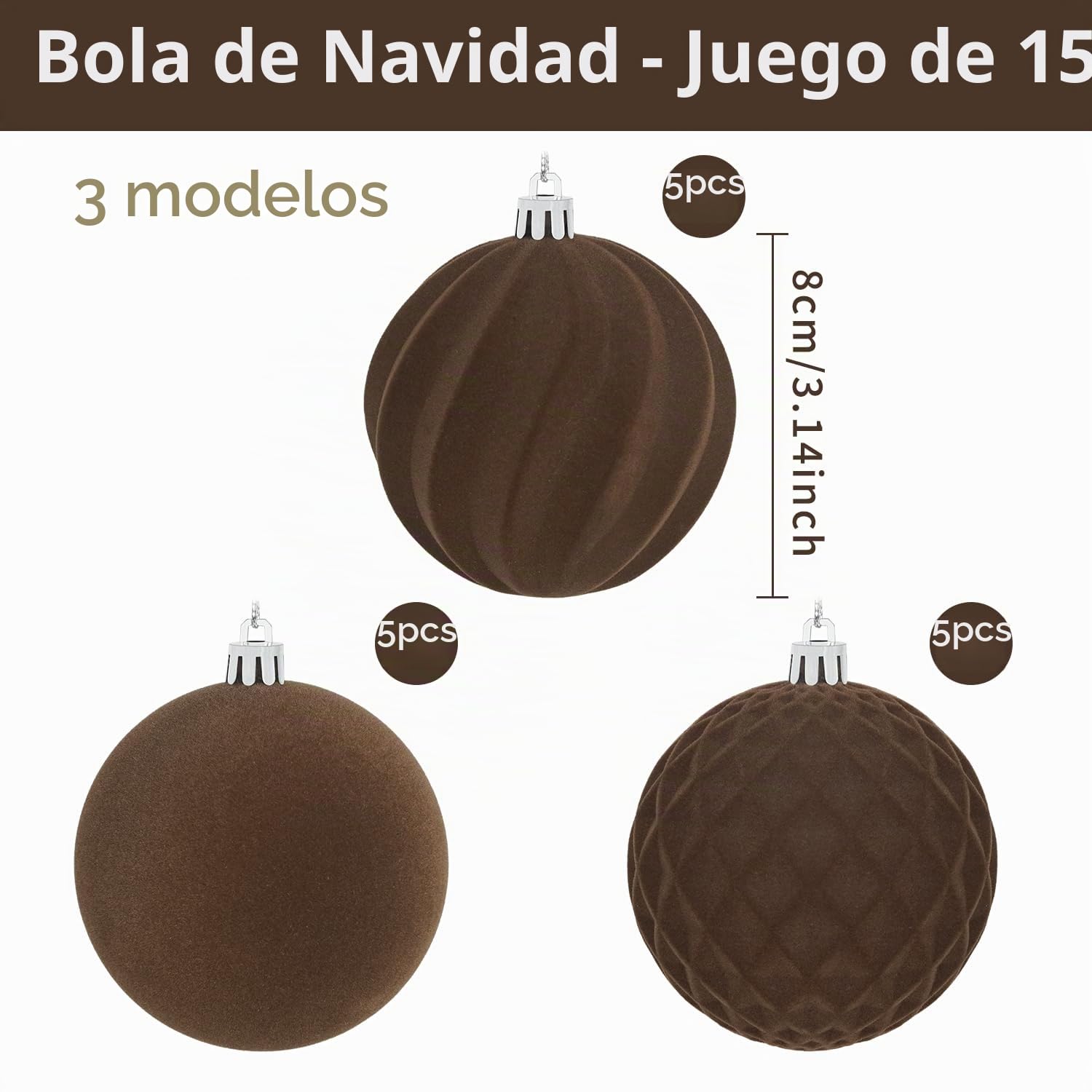 Miaikoe 15 piezas de bolas de Navidad de terciopelo colgantes, juego de adornos, plástico antidesgarro con purpurina, decoraciones de Navidad, adornos para festivales y fiestas (Marrón, 8 cm)
