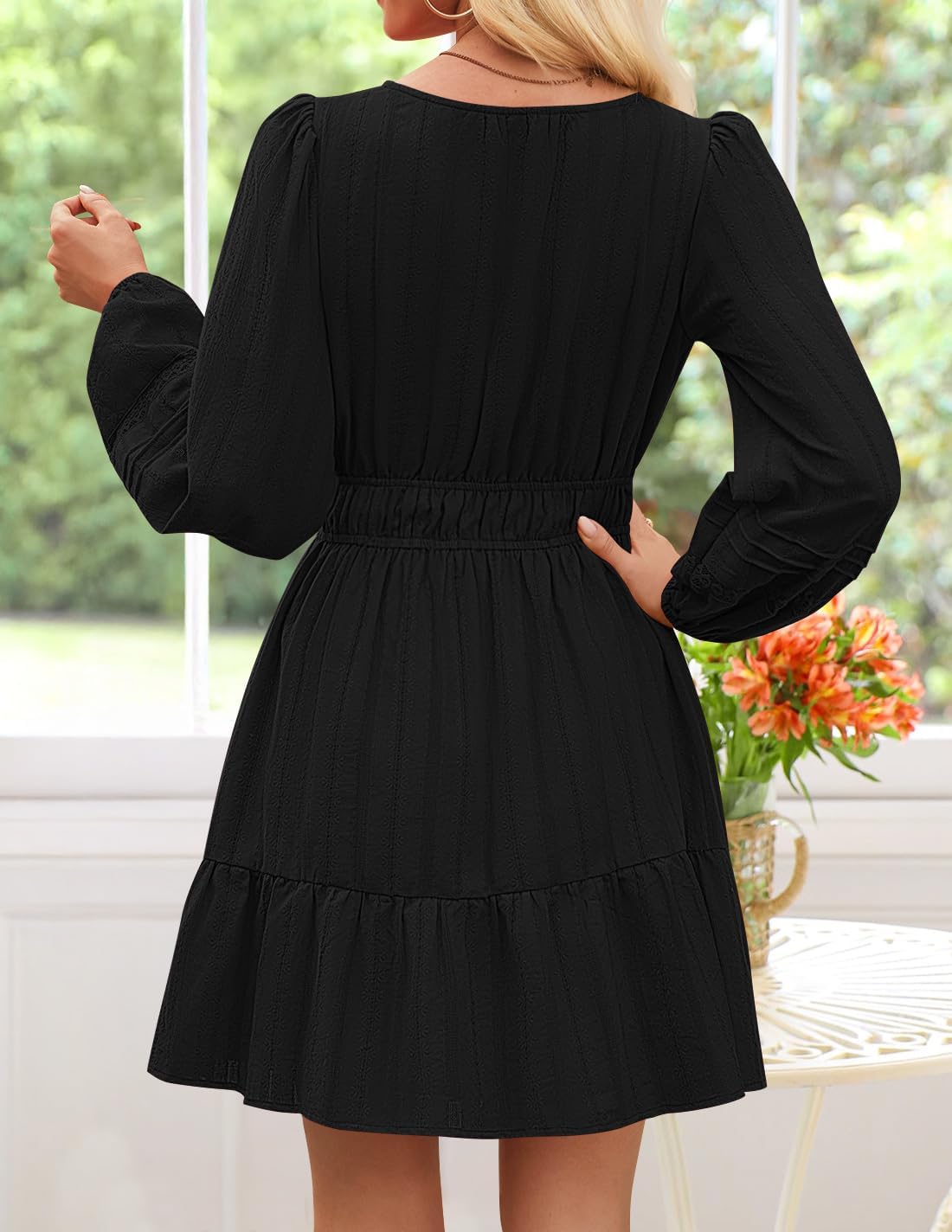 ZESICA Long Sleeve V Neck Mini Dresses for Women 2026 Spring High Waist Ruffle Pleated A Line Cocktail Party Short Dress - Image 3