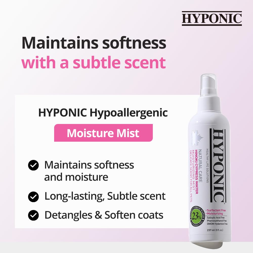 HYPONIC Hypoallergener Hinoki-Zypressen-Feuchtigkeits-Entwirrungsnebel für alle Haustiere, duftend, steigert den Glanz + erweicht 237 ml (zart duftend 237ml)