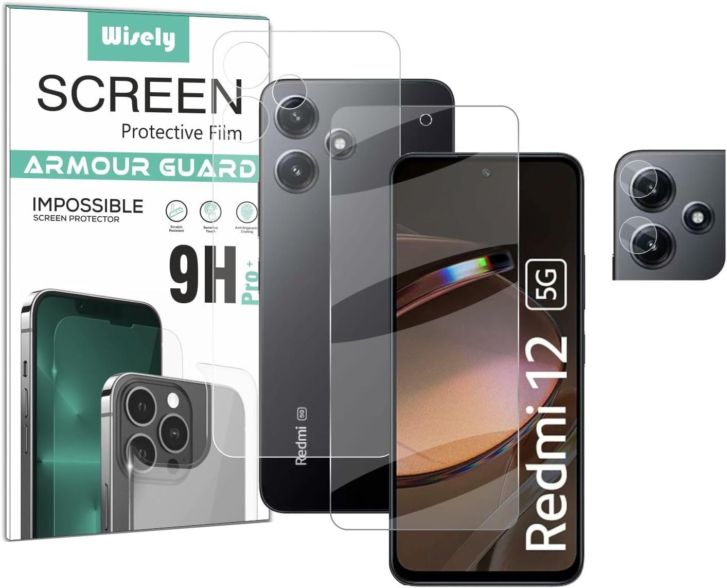 Wisely 3in1 Camera Lens Nano Glass + Anti Scratch Front & Back Guard Screen Protector for Redmi 12 5G - |Front&Back + Camera Guard|