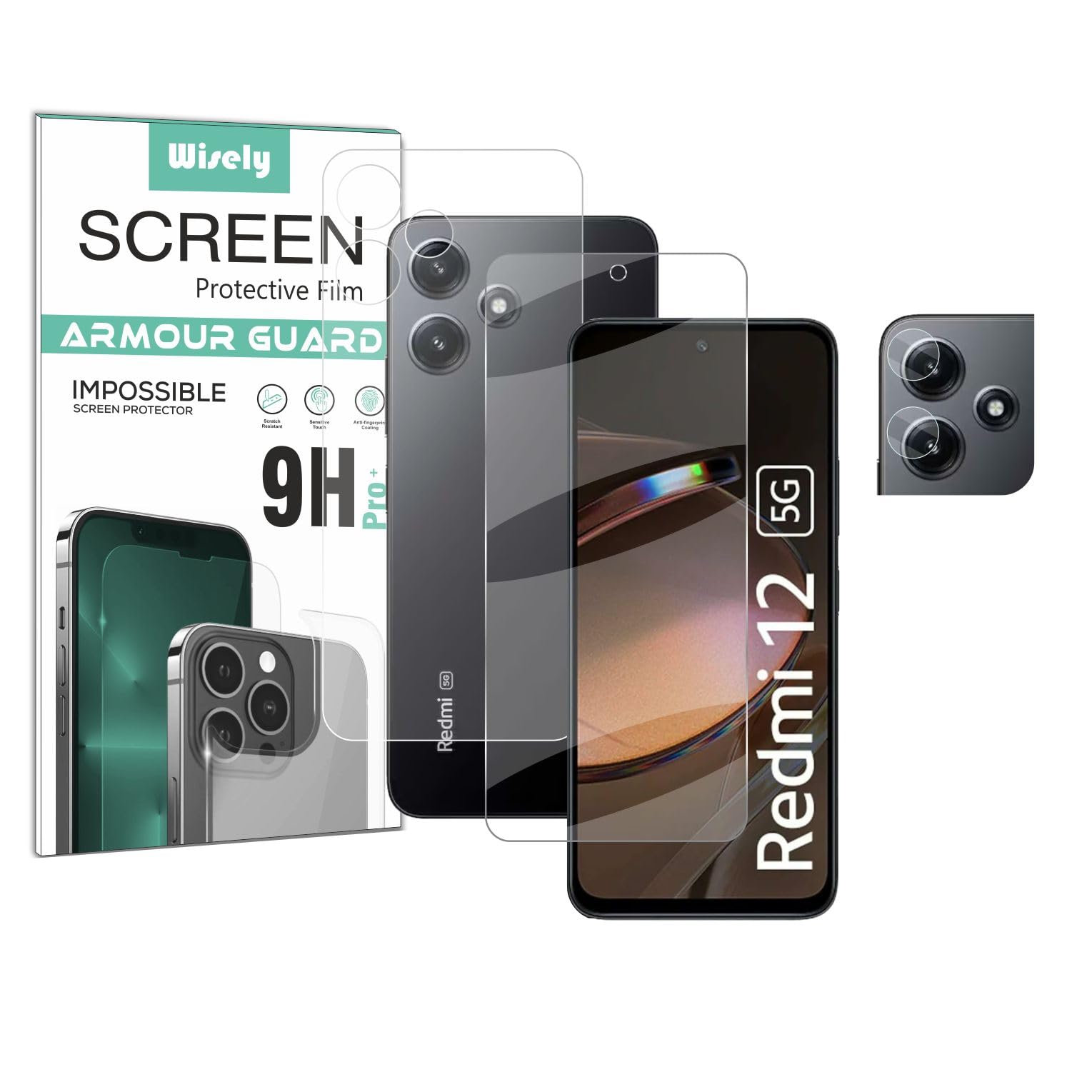 Wisely 3in1 Camera Lens Nano Glass + Anti Scratch Front & Back Guard Screen Protector for Redmi 12 5G - |Front&Back + Camera Guard|