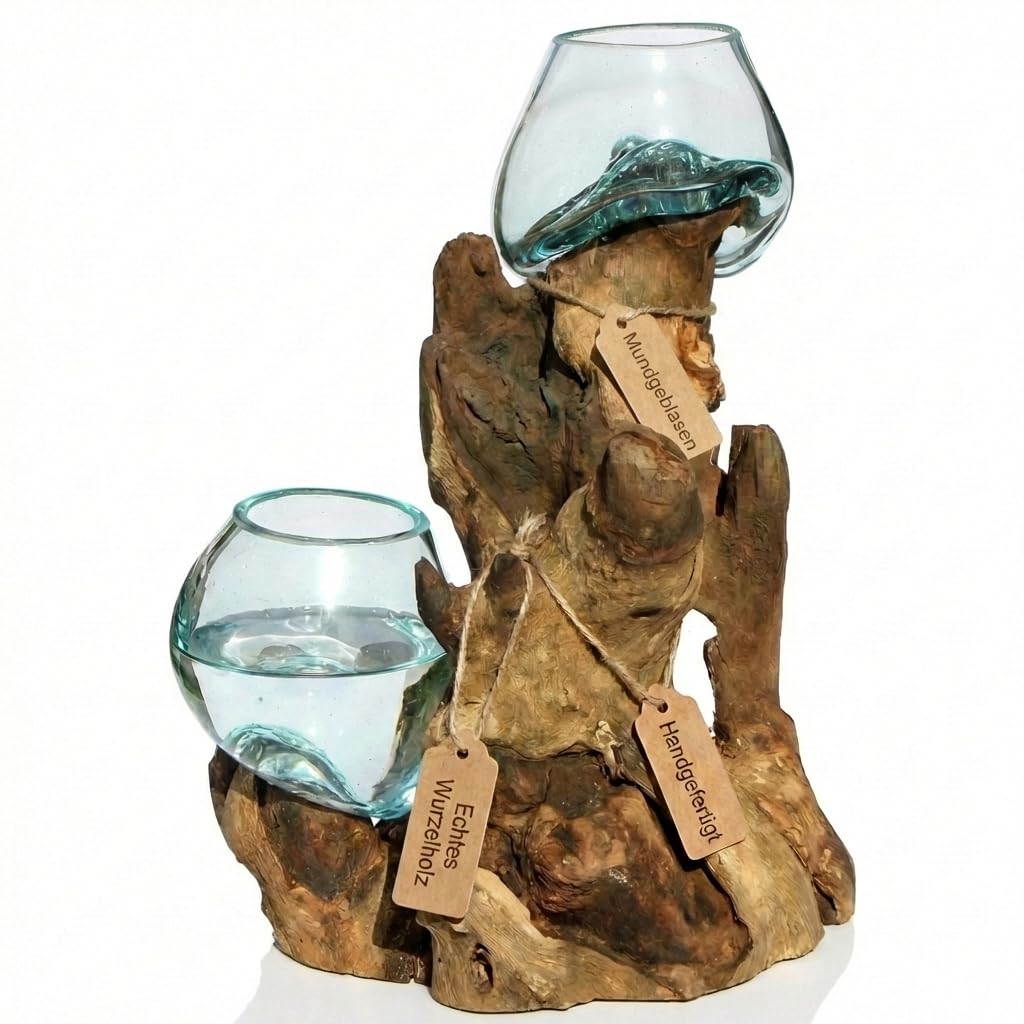 Doppel Glas-Vase auf Wurzel-Holz Gamal - Ø Glas 9-10 cm Handarbeit, Unikat aus Holz als Geschenk-Idee zur Dekoration Do10L