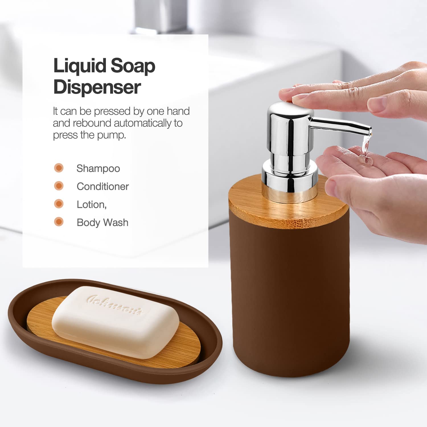 Set di accessori da bagno in bambù e plastica, 7 pezzi, include tazza per spazzolino, portaspazzolino, dispenser di sapone, portasapone, scopino per WC con supporto, bidone della spazzatura, con 3