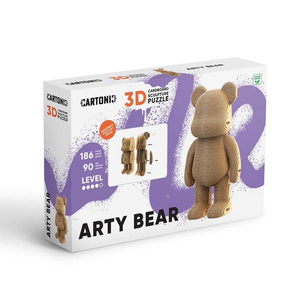 Ours Arty Bear Puzzle 3D en Carton – Maquette à Monter | 186 Pièces, 22 × 18 × 14 cm – Kit Sculpture DIY à Peindre, Matériaux Recyclés, Ados & Adultes, Idée Cadeau Déco