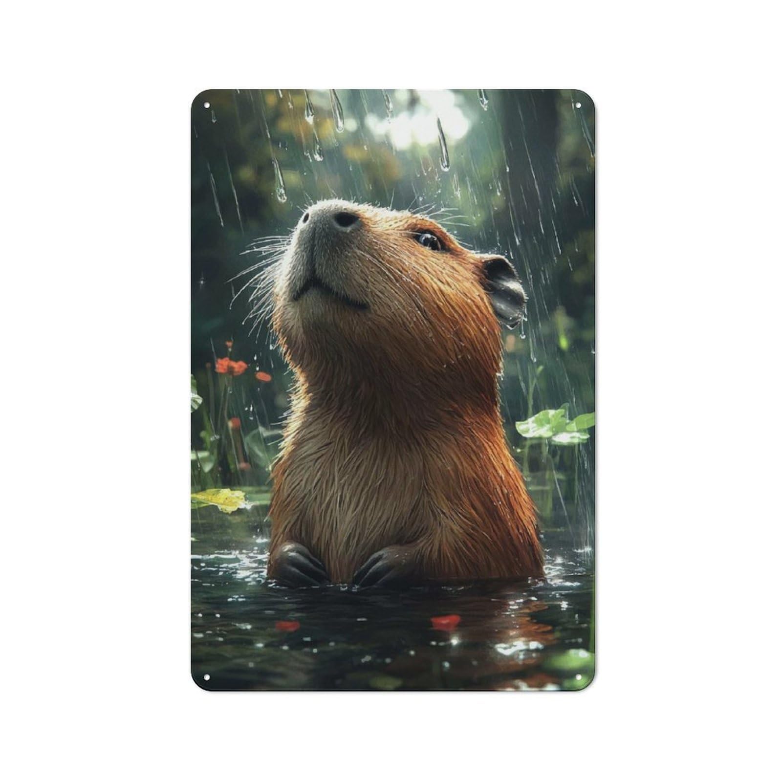 Capybara in The Rain Character Metal Wall Decor 30x20cm, Vintage Metal Sign for Home, Shop, Pub Or Studio Wall