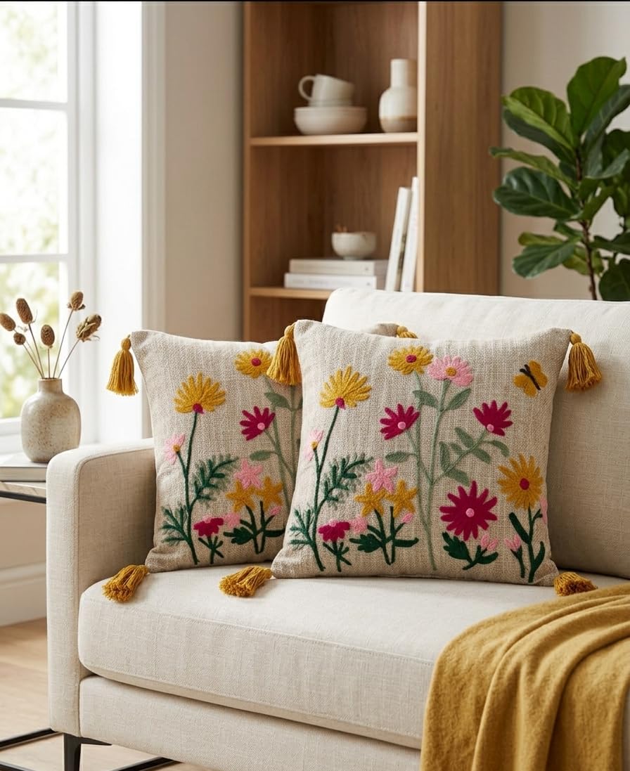 Decorative Embroidery | Premium Tufted Cushion Cover in 16x16 inches for Couch, Chair, Sofa, Bedroom, Living Room - Set of 2 (Summer Bloom)-image-48