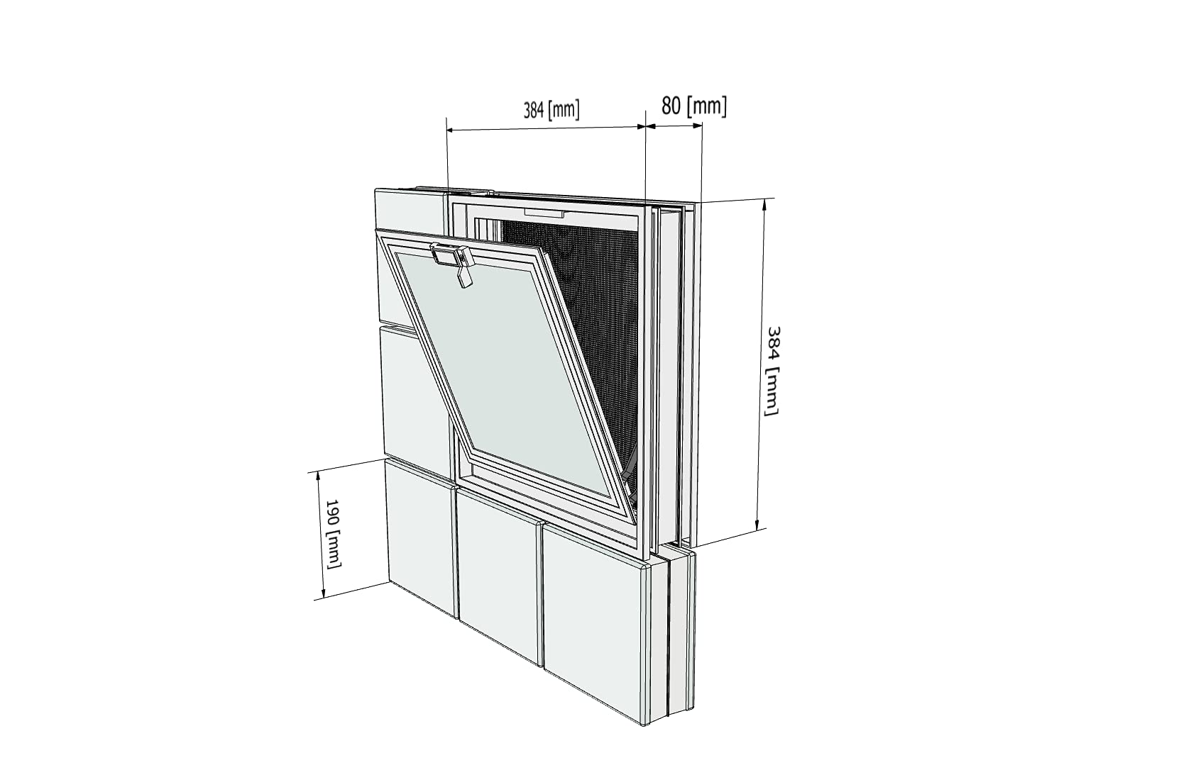 Finestra di ventilazione da inserire in una parete di vetromattoni o muratura | Dimensioni cm 38,4X38,4X8 | Unità di vendita 1 finestra