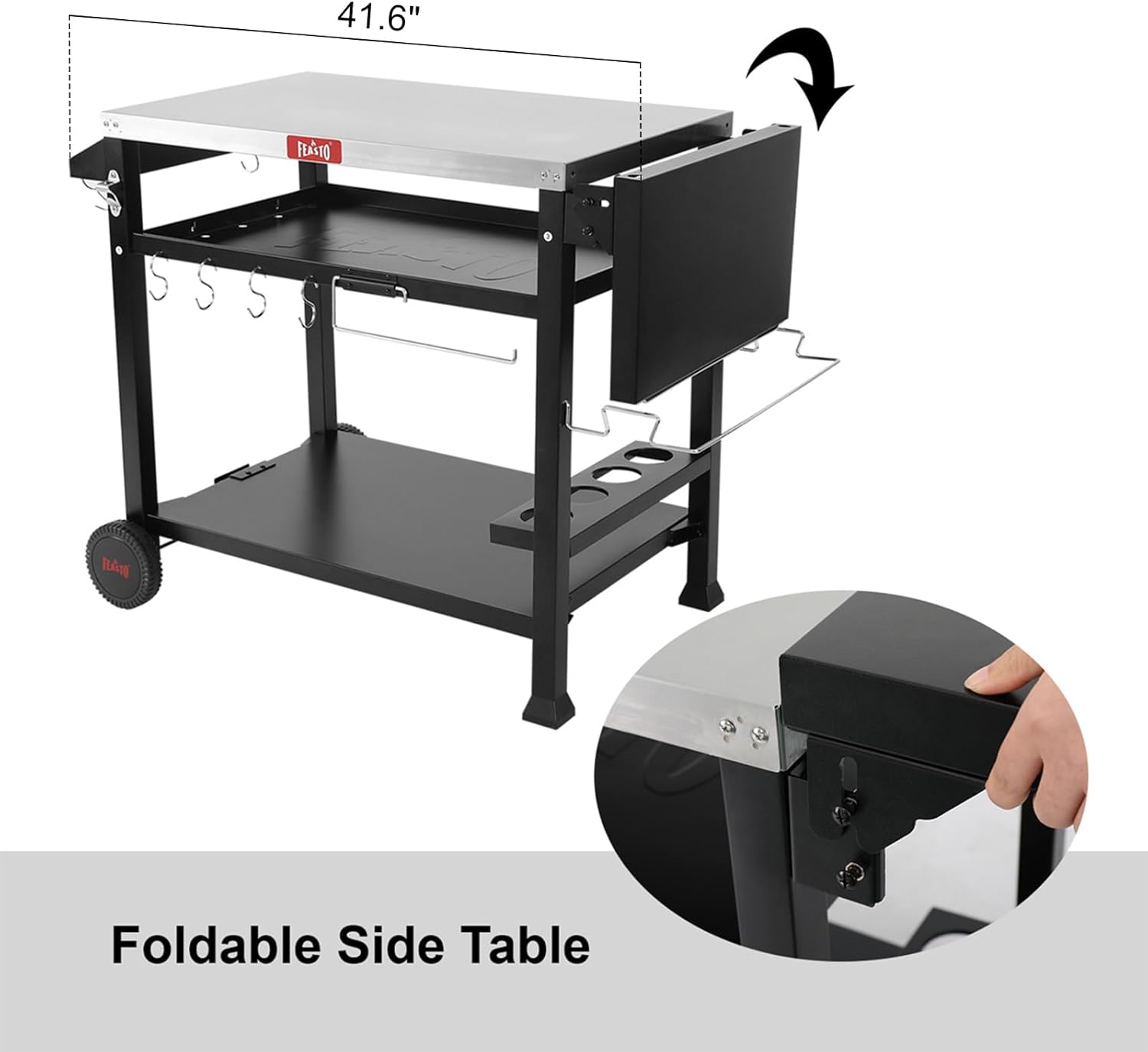 Outdoor Grill Table Cart, Pizza Oven Stand for Outdoor Indoor, 50" x 22" Stainless Steel Tabletop Dining BBQ Grill with Wheels for Food Prep, 3-Shelf Kitchen Cart with Cover