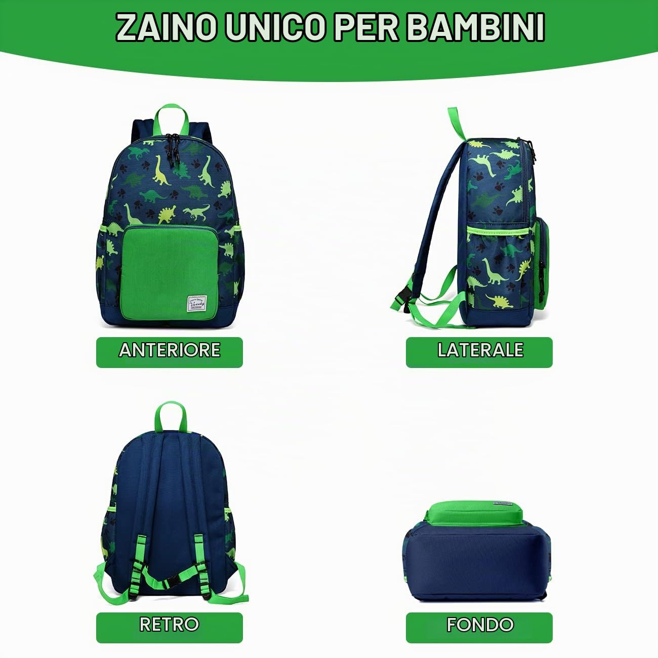 VASCHY Zaino Elementare Bambino Dinosauro 12L, Zainetto Grande Impermeabile con Pettorina Regolabile per Scuola Primaria 5-8 Anni
