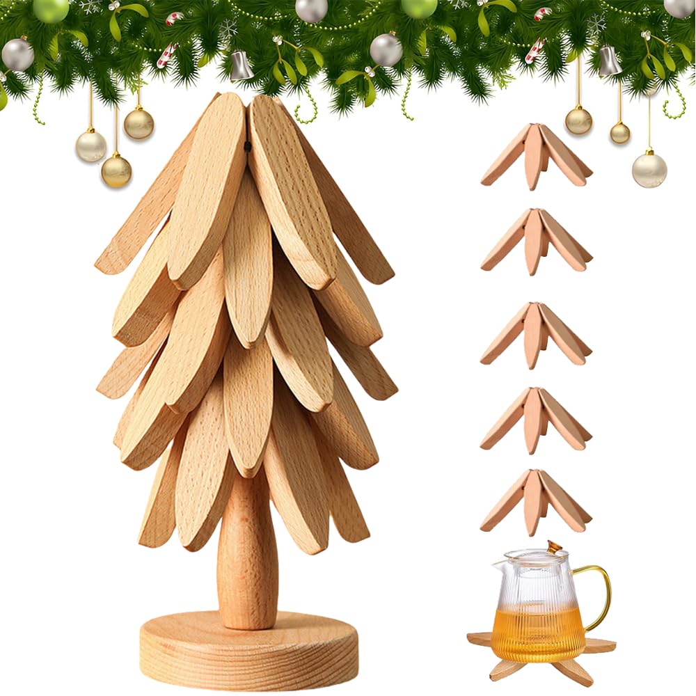 Snugeasy 5 Trivets - B Wooden Trivet Tree Coasters Stackable, Christmas Tree Shaped 3/4/5+1 Natural Wood Heat Resistant Tree Coasters For Kitchen Xmas Decor (5 Trivets - B)