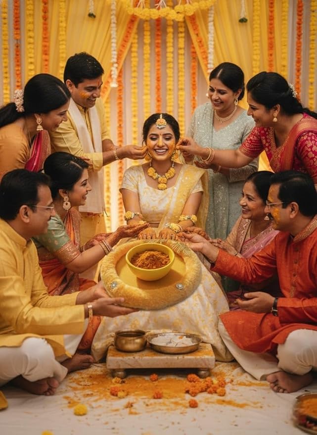 Star SAI Collection- Modern Decorative Haldi & Mehendi Thali Set β Yellow Bowl with Gold Palm Design | Traditional Wedding Haldi Ceremony Platter for Bride & Groom Ubtan Decor 4