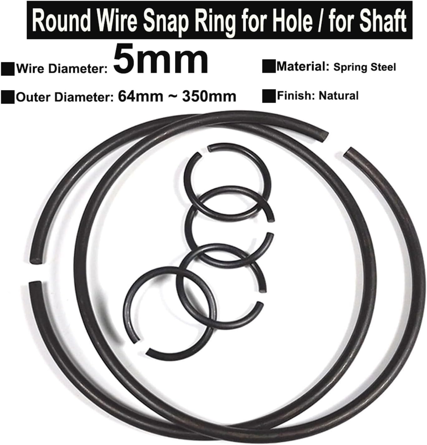 Wire Rings for shafts,Round Wire circlips, 2Piece Wire Diameter 5.0mm Spring Steel Round Wire Rings for Hole Retainer Circlips for Shaft OD=64mm~350mm(5x185x5)